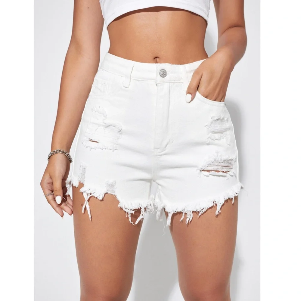 Light Wash Blue Denim Shorts Distressed Ripped High Waist Raw Hem - Picture 9 of 10